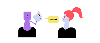 Illustration: Two people (the face of one person is attached with a rod below the roborter-like head); speech bubble with the content “mxchfrk”