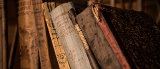 Close-up of worn, vintage books with faded covers and aged bindings lined up on a shelf.