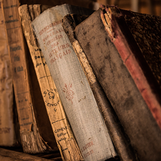 Close-up of worn, vintage books with faded covers and aged bindings lined up on a shelf.