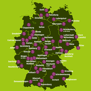 Graphic map of Germany with the locations of the information centres marked on it