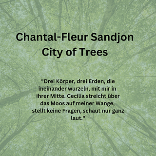 In the background, a view of a treetop with the name of the author and book and a quote.