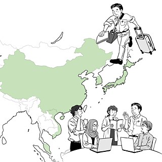 Cartoon scene featuring diverse individuals working on laptops, focused on a map opf East Asia, representing teamwork and digital communication.