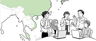 Cartoon scene featuring diverse individuals working on laptops, focused on a map opf East Asia, representing teamwork and digital communication.