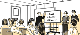 A cartoon depiction of a classroom with pupils and teachers actively participating in lessons.