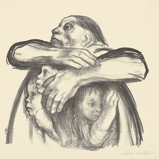 Dieses Bild zeigt die Kreidelithografie "Saatfrüchte sollen nicht vermahlen werden" von Käthe Kollwitz aus dem Jahre 1941. Darauf ist eine Mutter zu sehen, die ihre schützenden Arme über drei Kinder legt.