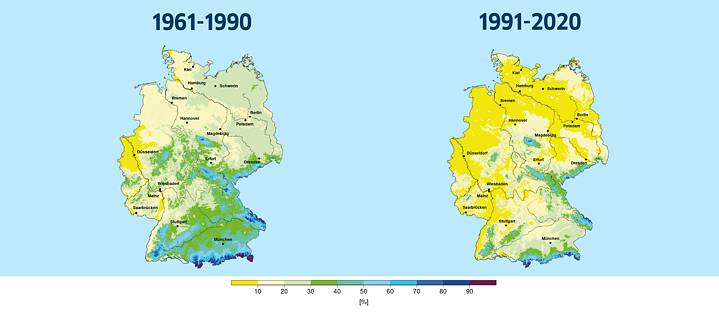 Two maps of Germany showing the development of the snowfall likelihood at Christmas