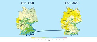 Zwei Karten von Deutschland, die die Entwicklung der Schneefall-Wahrscheinlichkeit an Weihnachten aufzeigen