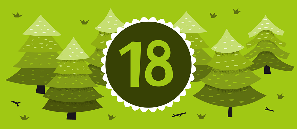 Illustration of the number 18 in the center of the picture surrounded by illustrated undecorated Christmas trees.