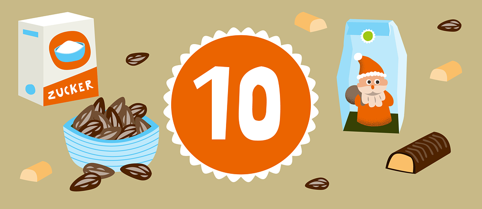 Illustration of the number 10 in the center. Around: Santa, sugar, almonds and candy. 