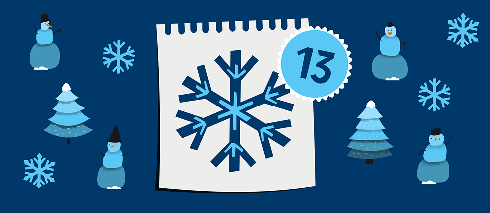 Illustration: In the center a torn-off piece of paper with a snowflake on it and the number 13, surrounded by illustrations of snow people, snowflakes and trees covered with snow.. 