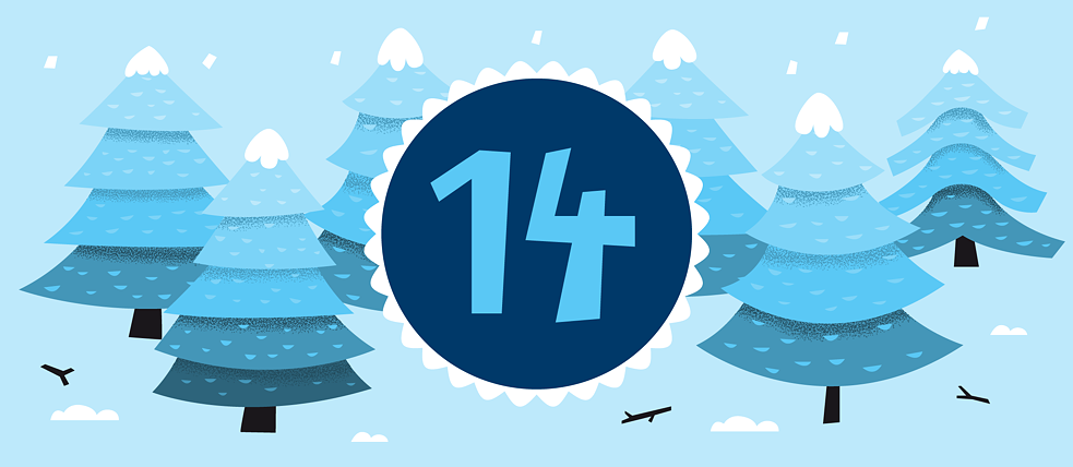 Illustration of the number 14 in the center of the picture. All around illustrated fir trees covered in snow.