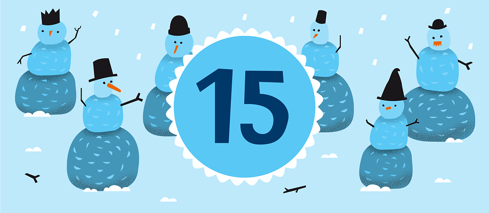 Illustration of the number 15 in the center of the picture. Illustrated snow figures all around.