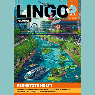 Man sieht das Lingo Global-Logo, sowie den Schriftzug „Fortbildung. Heft 01/2014 „Vernetzte Welt“. Unten ist in einem Symbolbild eine kleine Stadt angedeutet und von dem „O“ aus dem Schriftzug „Lingo“ oben geht ein kleines WLan-Symbol hervor.