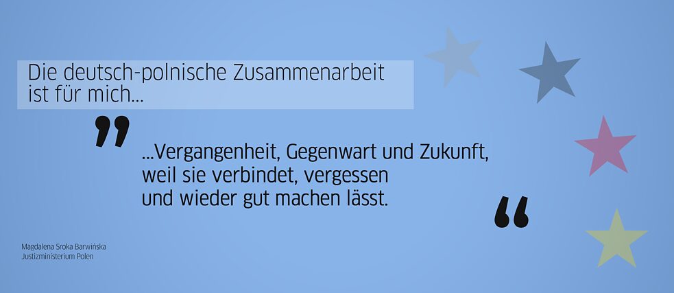 Quote from alumna: “For me, German-Polish cooperation is past, present and future, because it connects, forgets and makes amends.” (Magdalena Sroka Barwińska, Ministry of Justice of the Republic of Poland)