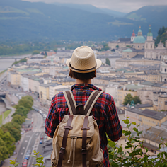 Traveler with hat standing on hill overlooking a German city