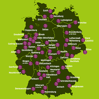 Graphic map of Germany with the locations of the information centres marked on it