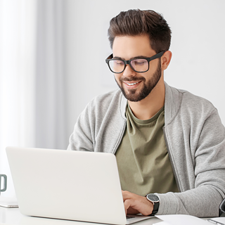 Man sitting in front of laptop smiling